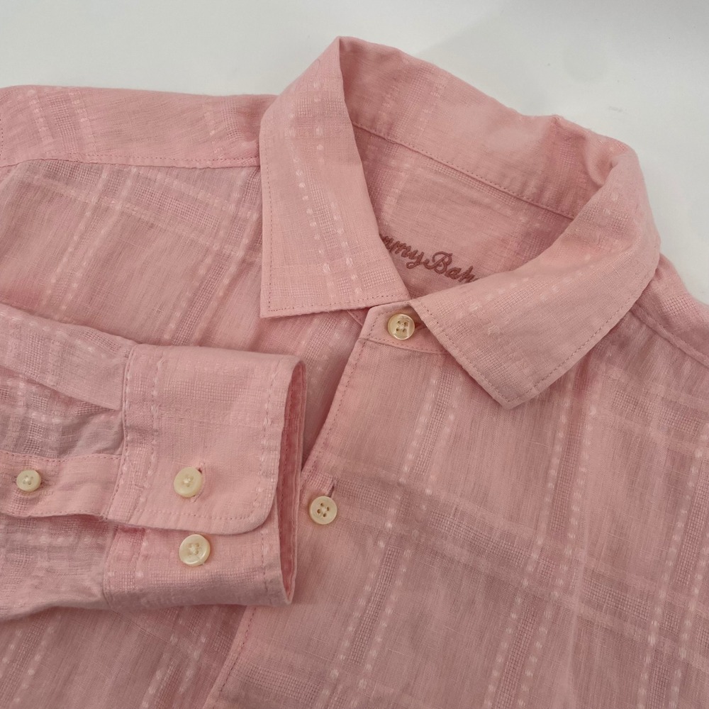 Tommy Bahama Button Down Mens Large Pink Linen Grid Long Sleeve Shirt